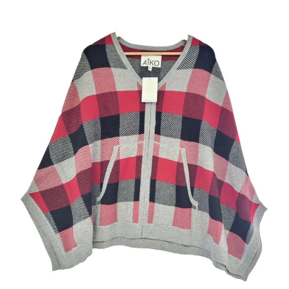 Atko Riley Plaid Wool Cashmere Wool Blend Zip Up Cape Poncho M/L NWT $375